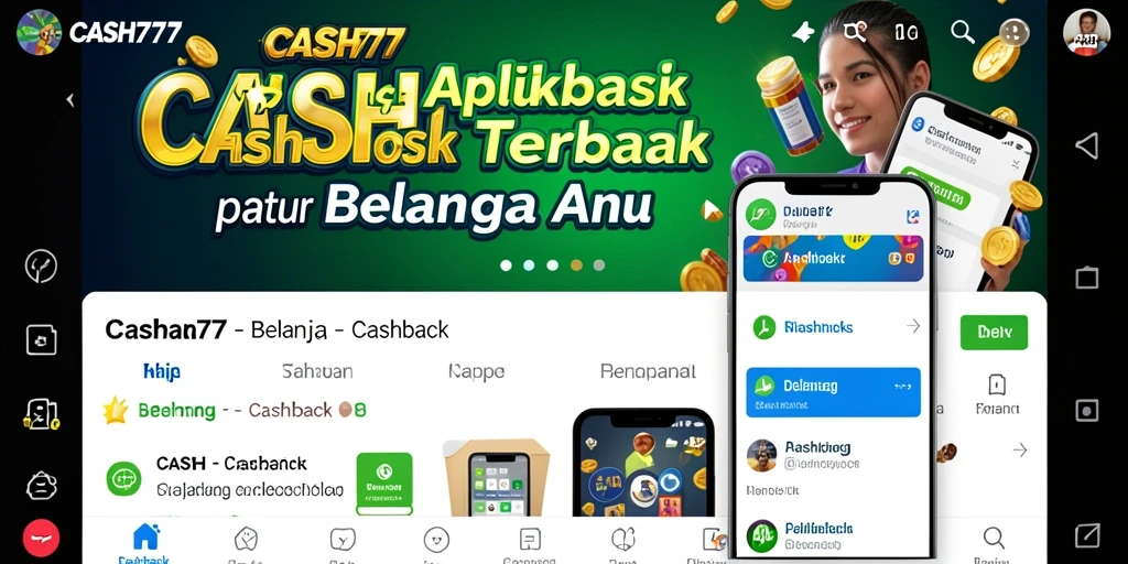Antarmuka aplikasi CASH777 menunjukkan fitur cashback yang menarik.
